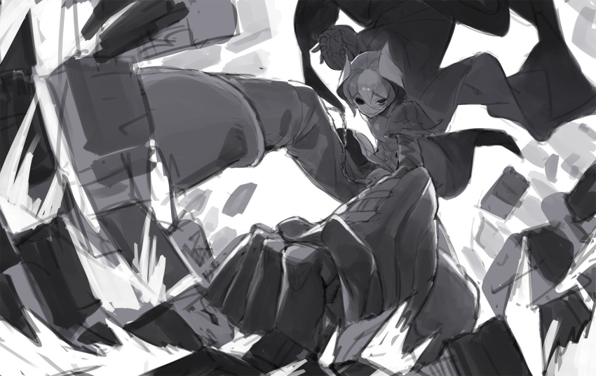 1girl, amrkdrw, cape, chains, clenched_hand, from_below, gloves, grin, hair_between_eyes, highres, looking_at_viewer, made_in_abyss, monochrome, multicolored_hair, ozen, perspective, short_hair, smile, solo, two-tone_hair