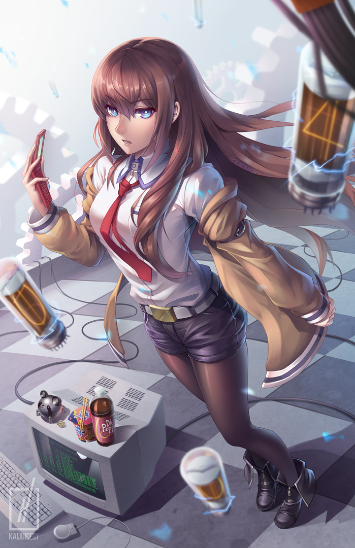 belt, black_legwear, blue_eyes, boots, brown_hair, cellphone, computer, dr_pepper