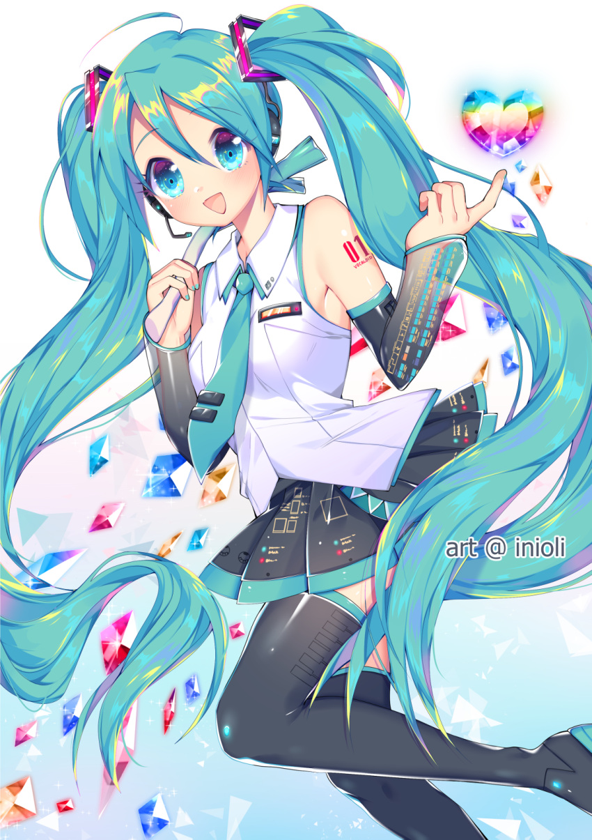 1girl, aqua_eyes, aqua_hair, artist_name, boots, detached_sleeves, eyebrows_visible_through_hair, gem