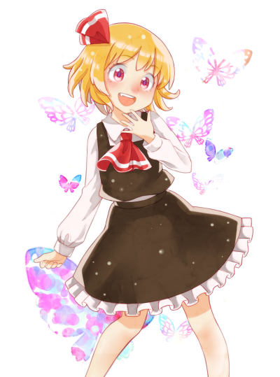 1girl, :d, alternate_eye_color, arm_at_side, ascot, black_skirt, black_vest, blonde_hair