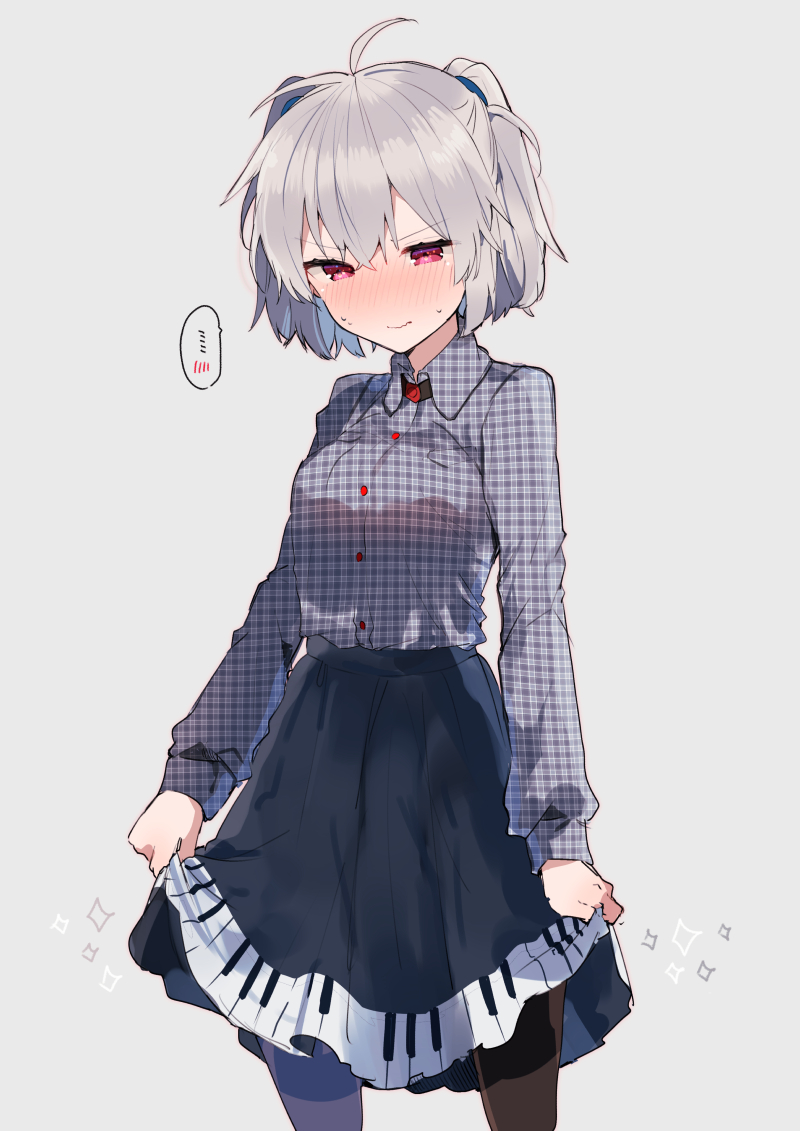 ..., 1girl, ahoge, angel_chromosome_xx, bangs, black_legwear, black_skirt, blush