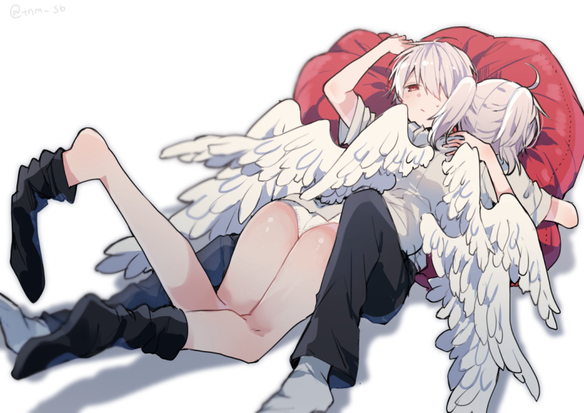 1boy, 1girl, ahoge, angel_chromosome_xx, ass, bangs, black_legwear, black_pants