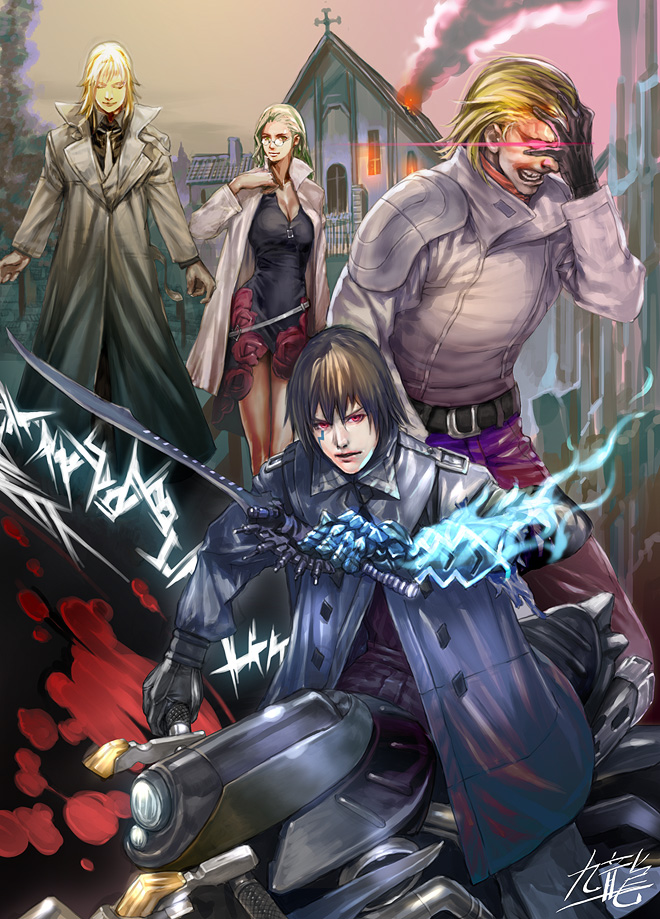 belt, black_hair, blassreiter, blonde_hair, blood, breasts, church, cleavage, closed_eyes, cross, dress, facial_mark, fire, gerd_frentzen, glasses, gloves, glowing, glowing_eyes, hand_on_head, jasmine_t, joseph_jobson, labcoat, leather, long_hair, magwald_xargin, motor_vehicle, motorcycle, necktie, outdoors, pink_eyes, red_eyes, short_hair, silver_hair, sky, smile, sword, trench_coat, vehicle, weapon, white_hair