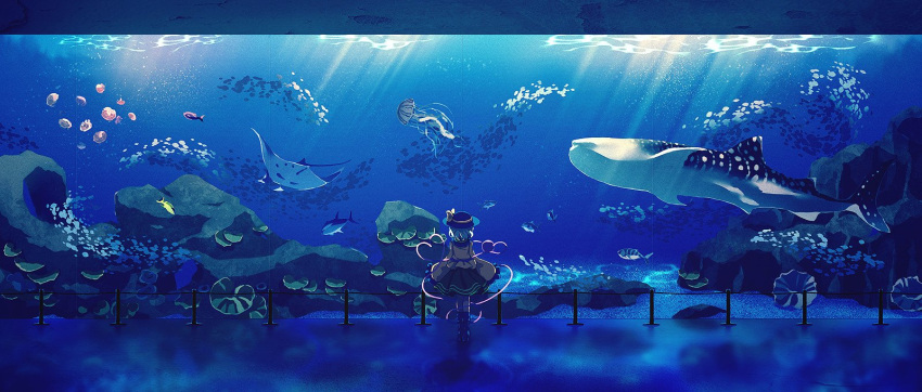 1girl, aqua_hair, aquarium, arms_at_sides, black_hat, blouse, blue_footwear, boots