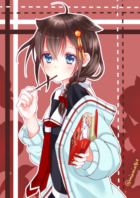 1girl, blue_eyes, blush, braid, brown_hair, commentary_request, food, hair_ornament