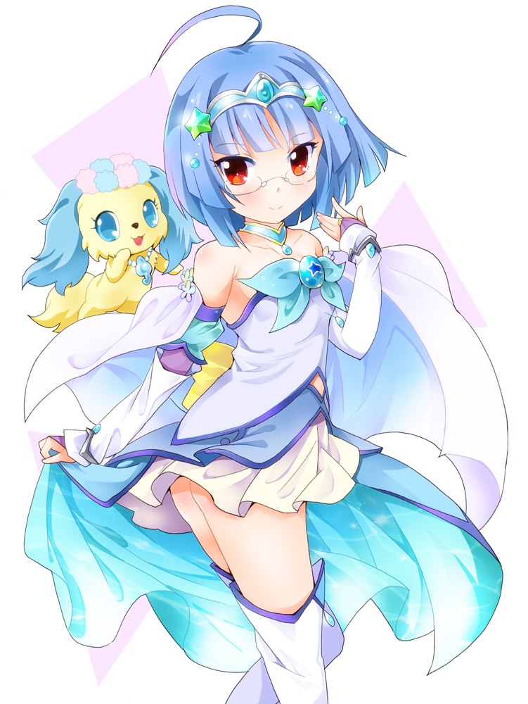 1girl, ahoge, blue_hair, boots, bow, creature, dress, glasses