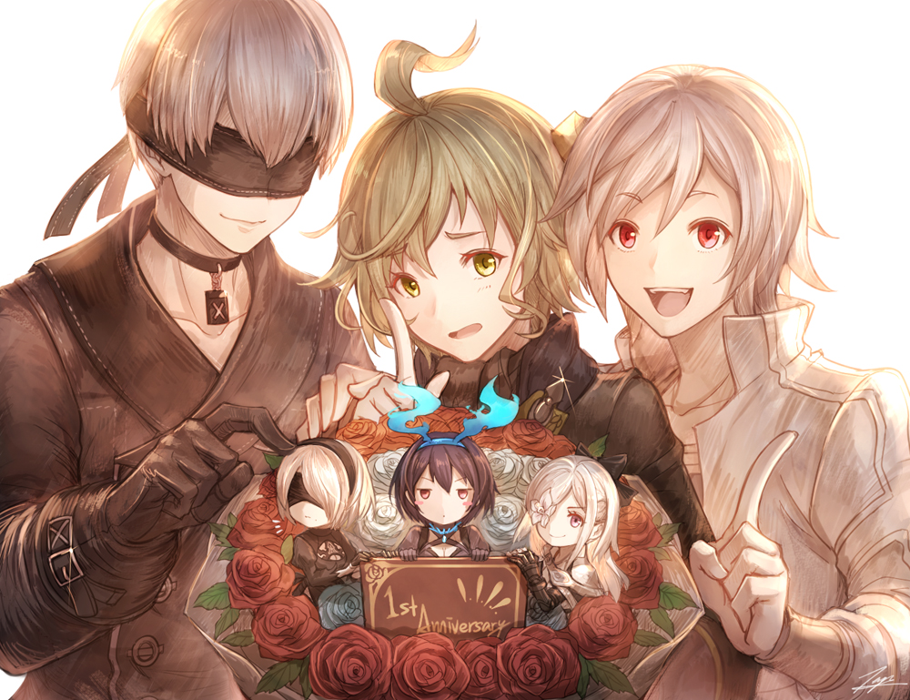 3boys, 3girls, :d, ahoge, albino, alice_(sinoalice), anniversary, black_hair