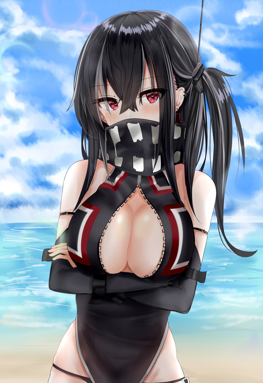 1girl, absurdres, arm_strap, azur_lane, bangs, bare_shoulders, beach, black_gloves