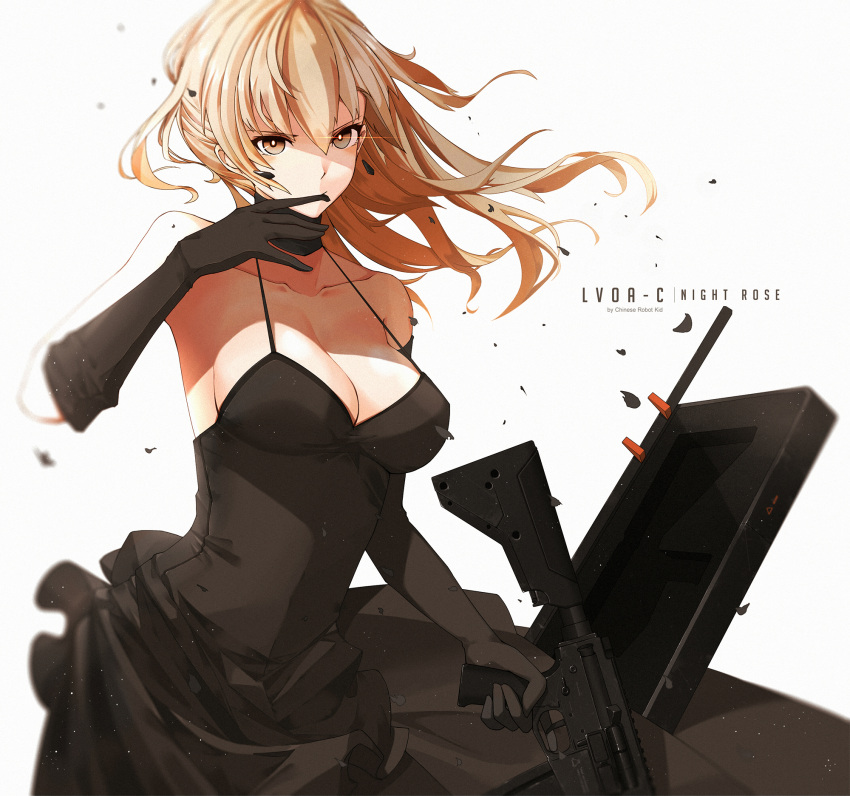 1girl, artist_name, bangs, bare_shoulders, biting, black_dress, black_gloves, blonde_hair