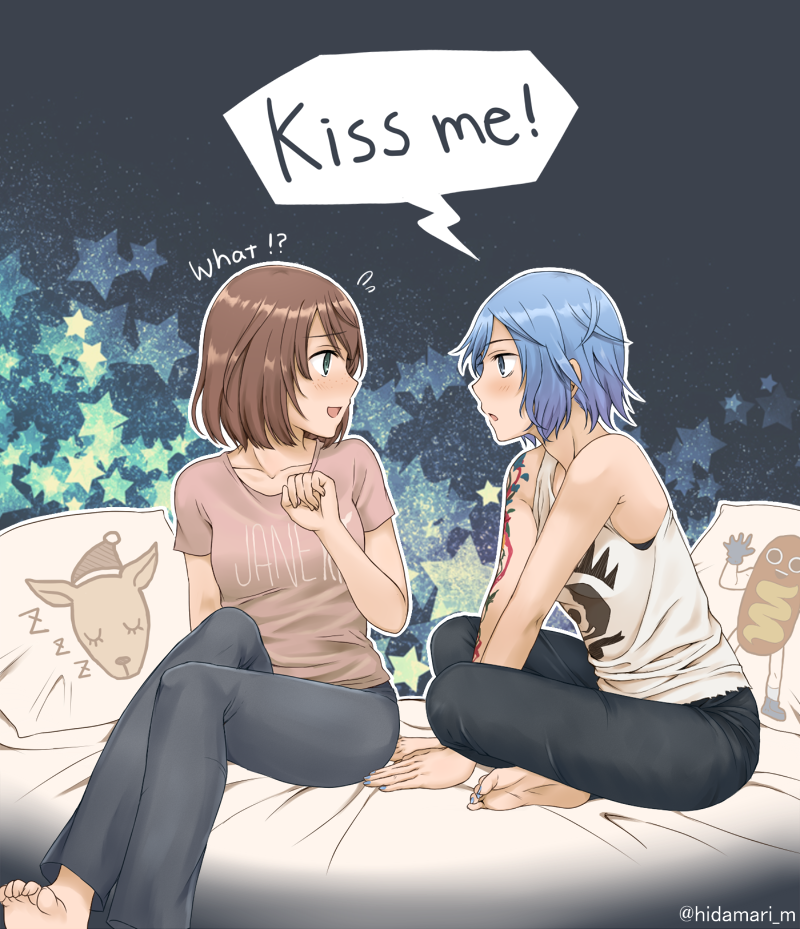 2girls, assertive, barefoot, bed, blue_eyes, blue_hair, brown_hair, chloe_price, commentary_request, denim, english, green_eyes, jeans, life_is_strange, max_caulfield, multiple_girls, nail_polish, pants, pillow, sayuka, shirt, tank_top, tattoo, yuri