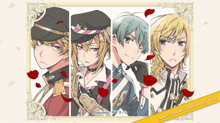 4boys, aqua_eyes, bangs, black_gloves, blonde_hair, blue_hair, brown_bess_(senjuushi), charleville_(senjuushi), choker, frown, gauntlets, gloves, green_eyes, hat, high_collar, highres, kentucky_(senjuushi), kinoshita_sakura, military, military_uniform, multiple_boys, official_art, one_eye_closed, peaked_cap, petals, pink_eyes, senjuushi:_the_thousand_noble_musketeers, short_hair, short_twintails, smile, springfield_(senjuushi), twintails, uniform, yellow_eyes
