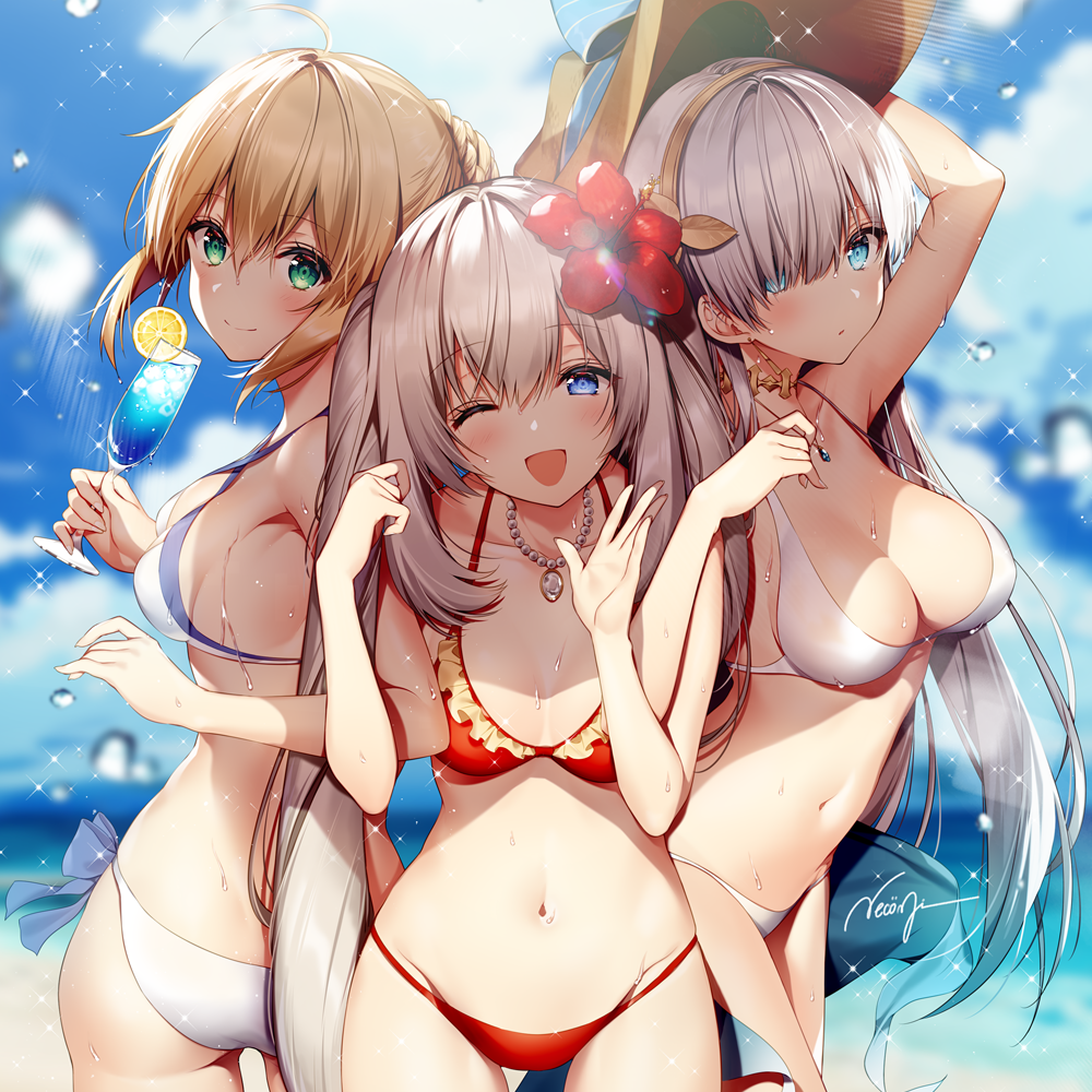 3girls, :d, ahoge, alternate_costume, anastasia_(fate/grand_order), artoria_pendragon_(all), artoria_pendragon_(swimsuit_archer), ass