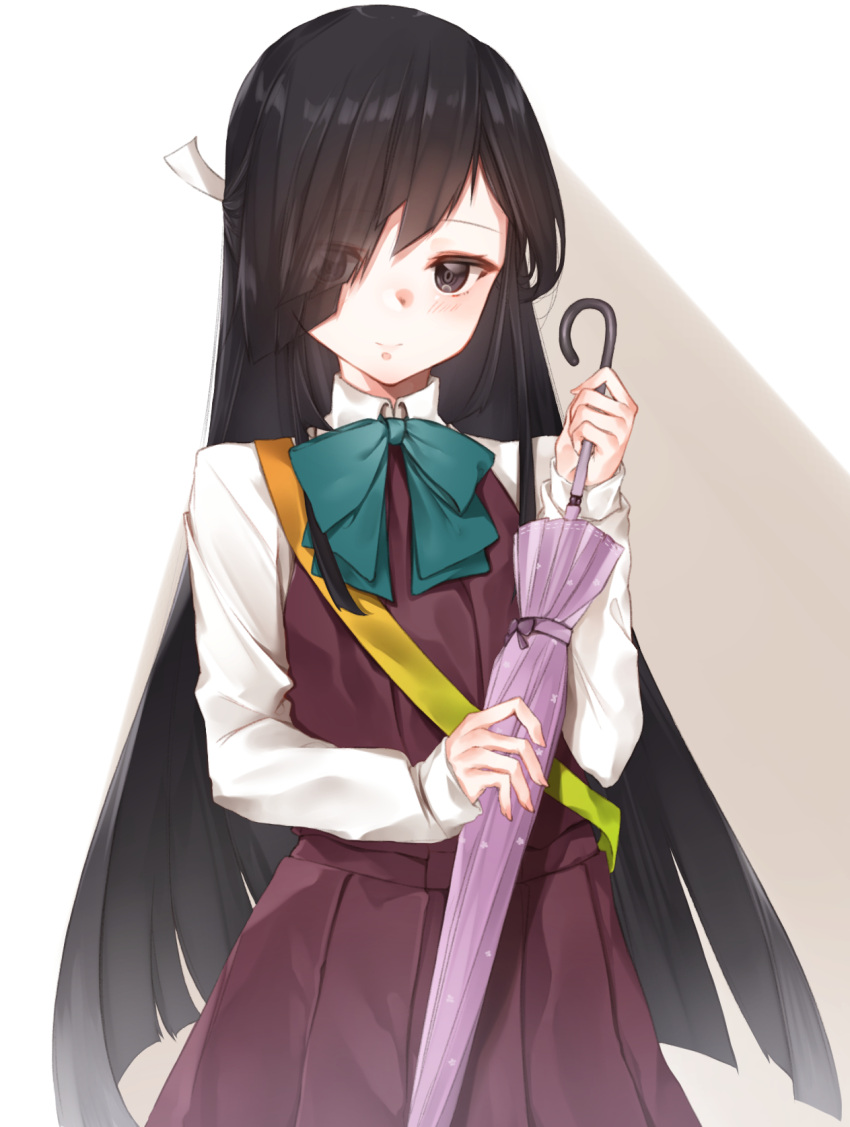 1girl, black_eyes, black_hair, bow, bowtie, closed_umbrella, cowboy_shot, hair_over_one_eye, hair_ribbon, halterneck, hayashimo_(kantai_collection), highres, inorin05kanae, kantai_collection, long_hair, looking_at_viewer, pink_umbrella, ribbon, sash, school_uniform, shadow, shirt, simple_background, smile, solo, umbrella, very_long_hair, white_background, white_shirt