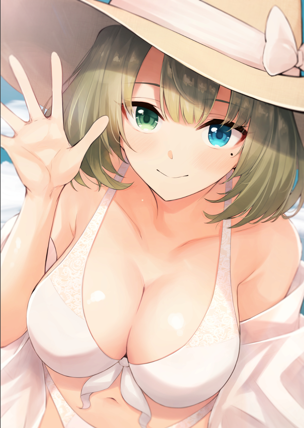 1girl, anza_tomo, bangs, bare_shoulders, bikini, blue_eyes, blush, breasts