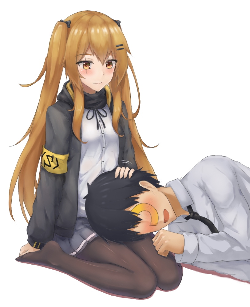 armband, black_hair, black_jacket, black_skirt, breasts, brown_eyes, brown_hair, clenched_hand, collared_shirt, commander, girls_frontline, hair_ornament, hair_ribbon, hairclip, hood, hood_down, hooded_jacket, jacket, lap_pillow, long_hair, looking_at_another, lying, medium_breasts, necktie, on_side, open_clothes, open_jacket, pantyhose, petting, ribbon, scar, scar_across_eye, scarf, seaweed2017, shirt, short_hair, simple_background, sitting, skirt, smile, thigh-highs, track_jacket, twintails, ump9_(girls_frontline), very_long_hair, white_background, white_shirt