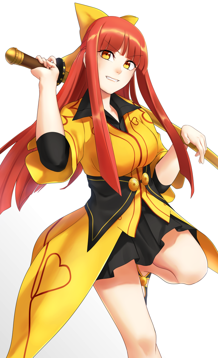 1girl, chiyoganemaru_(tenka_hyakken), highres, japanese_clothes, kurofuti, long_hair, looking_at_viewer, orange_hair