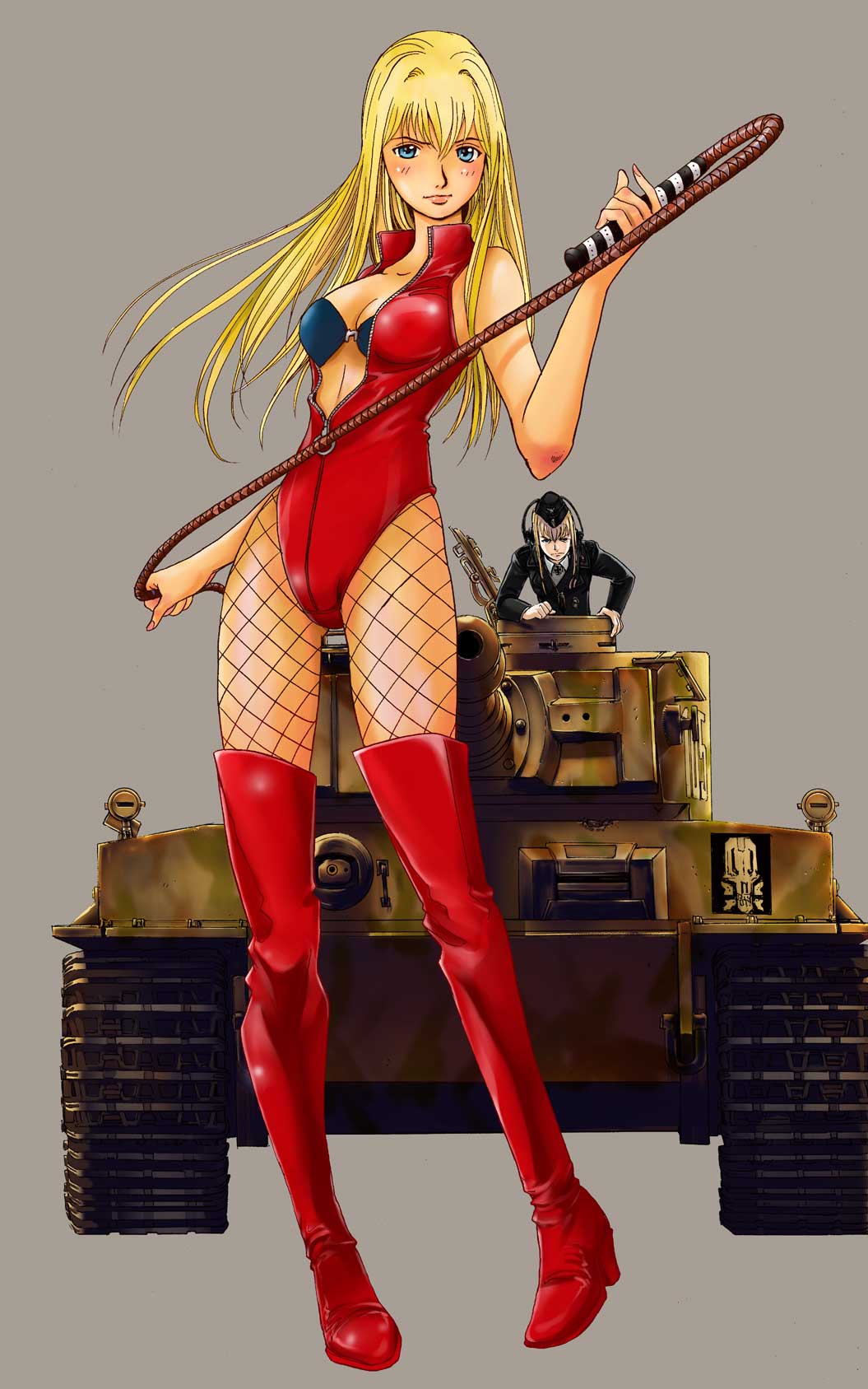 1girl, blonde_hair, blue_eyes, breasts, caterpillar_tracks, character_request, commentary_request, fishnet_legwear