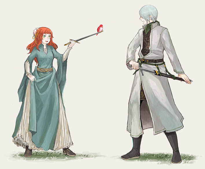 birds, chronicle_2nd, dress, fuse, fuse_(xiayu), green_eyes, parsifal, red_hair, redhead, rose_guine_avalon, sound_horizon, sword, weapon, white_hair