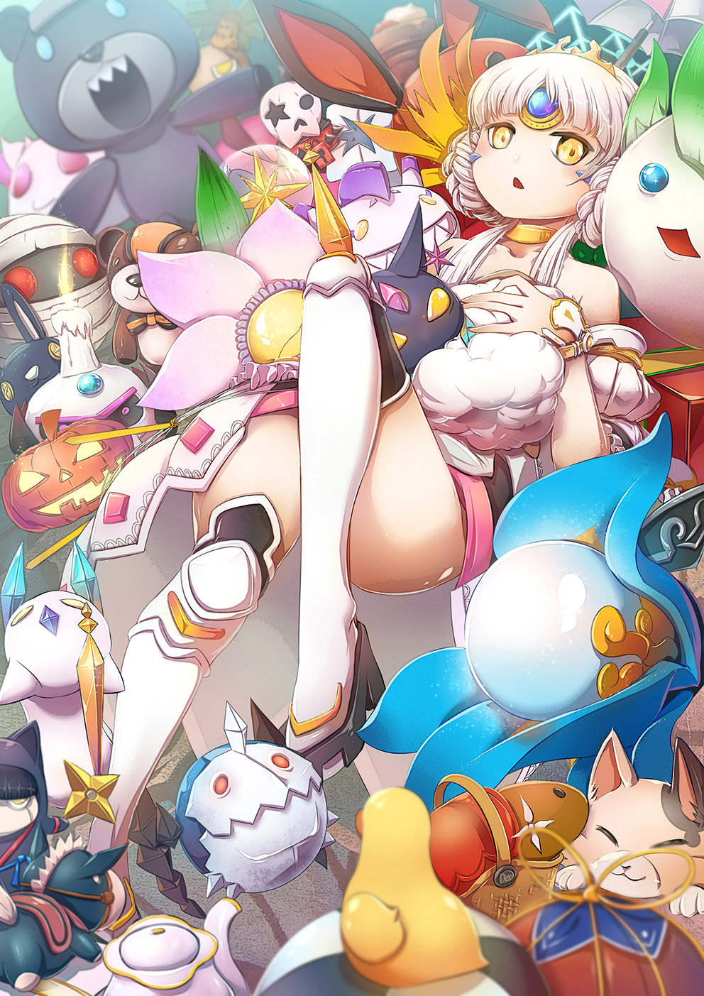 bare_shoulders, candle, code:_empress_(elsword), collarbone, elsword, eve_(elsword), facial_mark, forehead_jewel, highres, jack-o'-lantern, open_mouth, ophelia_(elsword), phoru_(elsword), rubber_duck, servati, stuffed_animal, stuffed_toy, tagme, teddy_bear