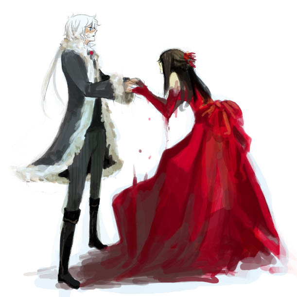 blue_eyes, boots, bow, coat, dress, fuse, fuse_(xiayu), hair_ribbon, hiver_laurant, holding_hands, long_hair, michele_malebranche, ponytail, red, red_dress, ribbon, roman, sound_horizon, white_hair