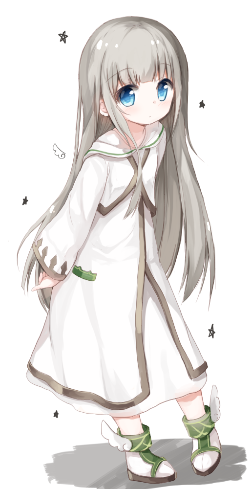 1girl, bangs, blue_eyes, blush, boots, closed_mouth, eyebrows_visible_through_hair, full_body, long_hair, long_sleeves, looking_at_viewer, original, robe, silver_hair, solo, star, very_long_hair, white_background, white_footwear, white_robe, white_wings, wide_sleeves, winged_boots, wings, yuuhagi_(amaretto-no-natsu)
