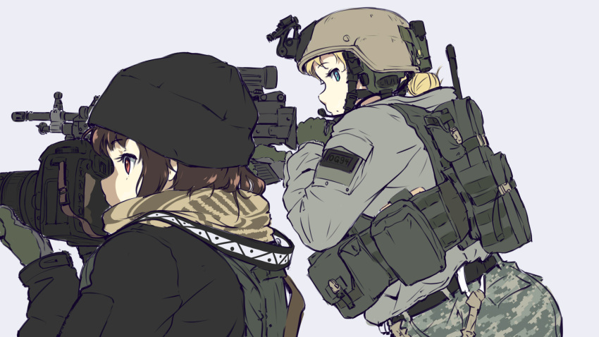 camera, elcan_scope, gloves, gun, headphones, helmet, highres, load_bearing_equipment