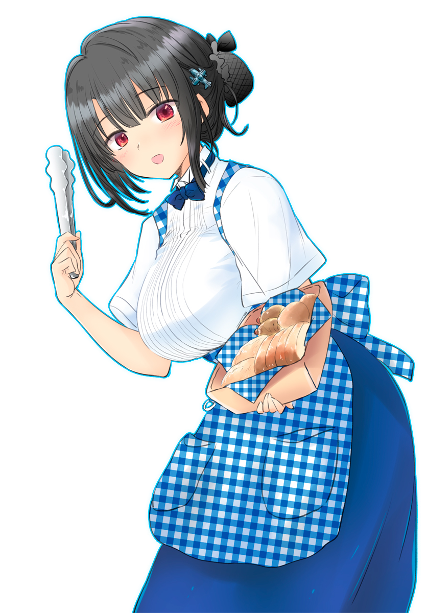 1girl, :o, airplane_hair_ornament, alternate_costume, arm_up, bangs, black_hair, blue_neckwear