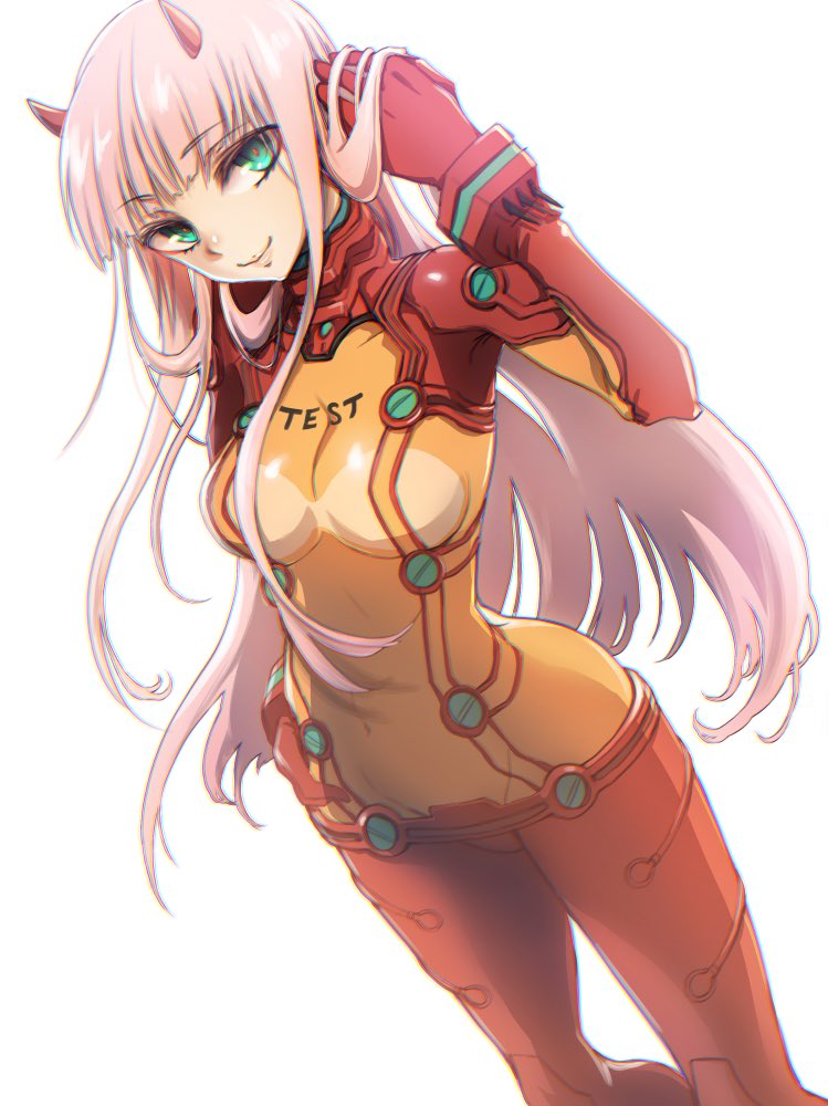 1girl, bodysuit, color_connection, commentary_request, cosplay, darling_in_the_franxx, evangelion:_2.0_you_can_(not)_advance, female