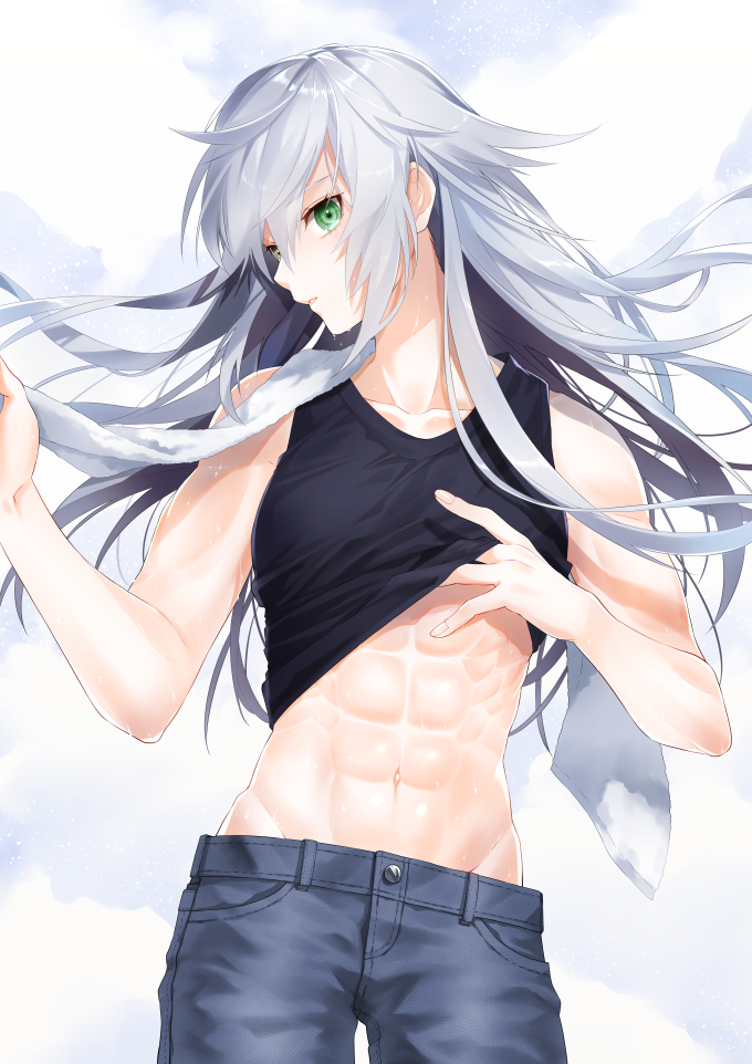 1girl, abs, androgynous, bare_shoulders, black_tank_top, breasts, clouds, collarbone