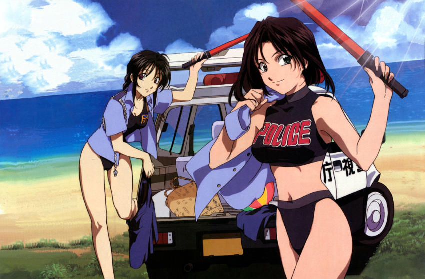 bare_shoulders, basket, beach, bikini, black_eyes, black_hair, braid, brown_hair, car, error, honda, honda_today, kobayakawa_miyuki, long_hair, midriff, motor_vehicle, nakajima_atsuko, ocean, police, police_car, police_uniform, red_eyes, short_hair, sleeveless, sleeveless_turtleneck, swimsuit, tank_top, tsujimoto_natsumi, turtleneck, undressing, uniform, vehicle, you're_under_arrest, you're_under_arrest
