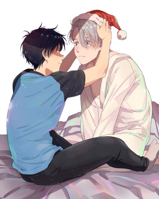 2boys, al_(ahr), bed, bed_sheet, between_legs, black_hair, blue_eyes, blue_shirt