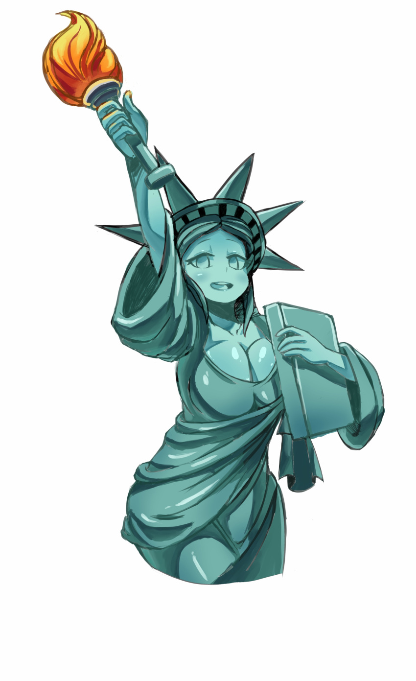 1girl, absurdres, breasts, commentary, dress, english_commentary, fire, fourth_of_july