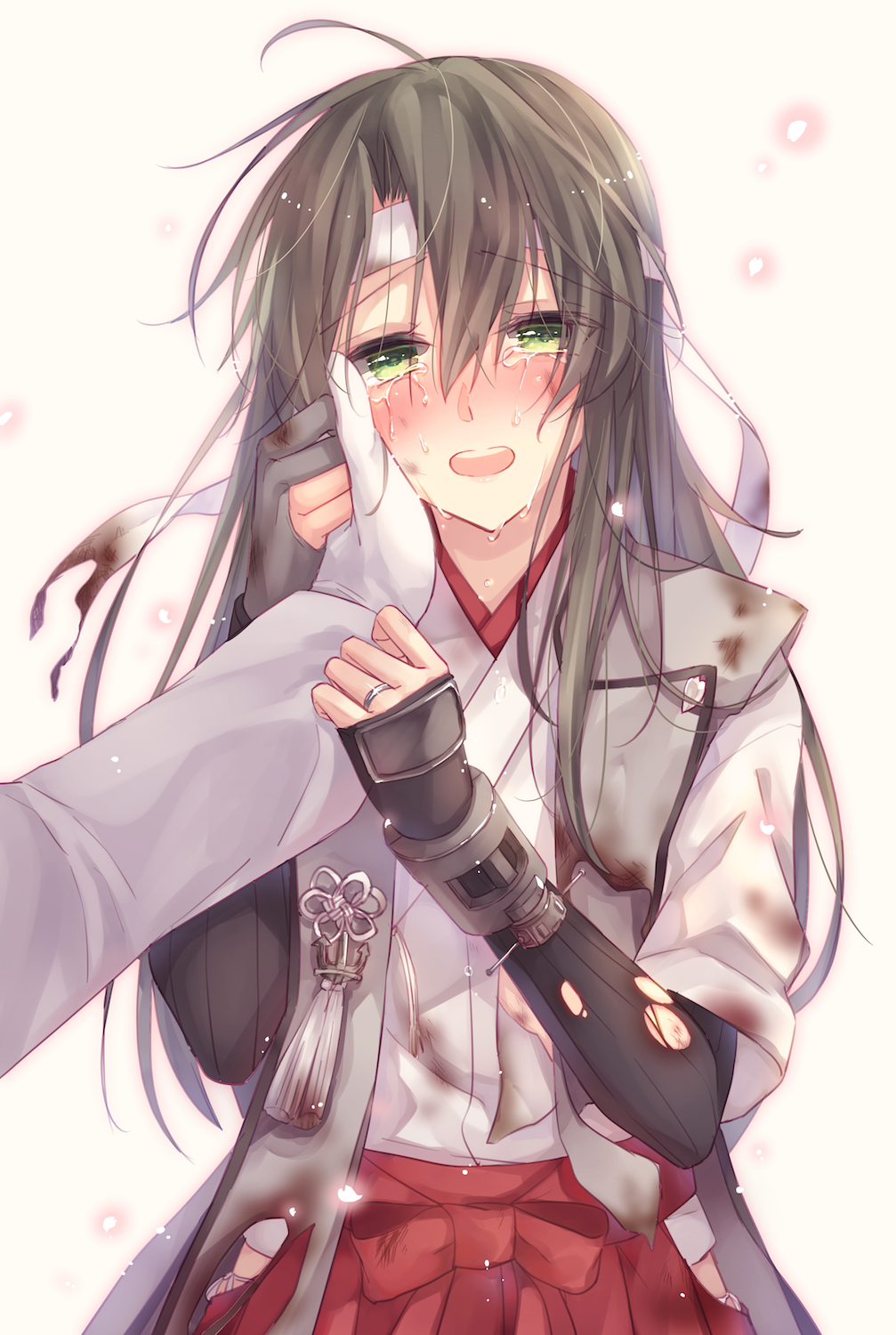 1girl, 916200, blush, burnt_clothes, green_eyes, green_hair, hair_between_eyes, hair_down