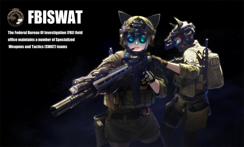 animal_ears, ar-15, fbi, flashlight, fox_ears, gloves, gun, headphones