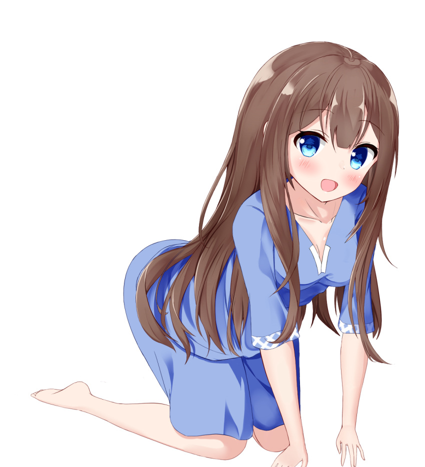 1girl, :d, all_fours, ange_vierge, bangs, barefoot, blue_eyes, blue_shirt