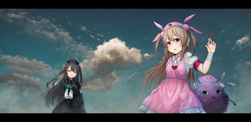 >_<, 2girls, :d, absurdres, akky_(akimi1127), apron, arm_up, armband