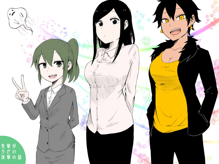 3girls, absurdres, arms_behind_back, black_eyes, black_hair, blush, borrowed_character, breasts