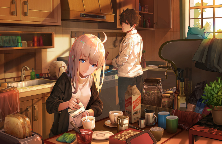 1boy, 1girl, ahoge, blue_eyes, bread, breasts, brown_eyes, brown_hair