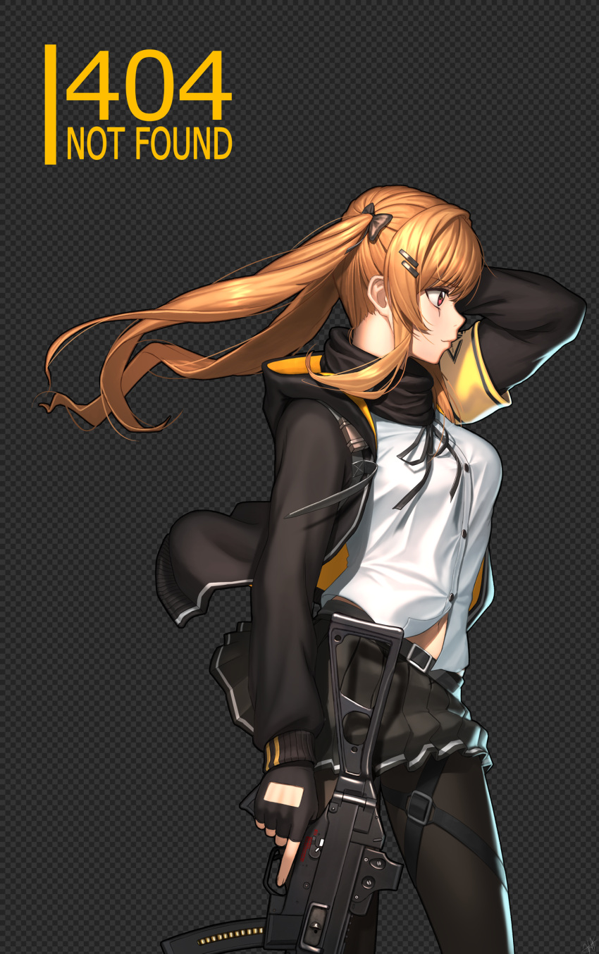 1girl, ahd, armband, bangs, black_gloves, black_jacket, black_scarf, blush, breasts, brown_eyes, brown_hair, checkered, checkered_background, closed_mouth, eyebrows_visible_through_hair, fingerless_gloves, floating_hair, from_side, girls_frontline, gloves, gun, h&amp;k_ump, h&amp;k_ump9, hair_ornament, hairclip, hand_in_hair, heckler_&amp;_koch, highres, holding, holding_gun, holding_weapon, hood, hood_down, hooded_jacket, jacket, long_hair, looking_afar, medium_breasts, neck_ribbon, pantyhose, pleated_skirt, revision, ribbon, scarf, shirt, signature, skirt, solo, submachine_gun, text_focus, thigh_strap, trigger_discipline, twintails, ump9_(girls_frontline), weapon, white_shirt, wind, wind_lift