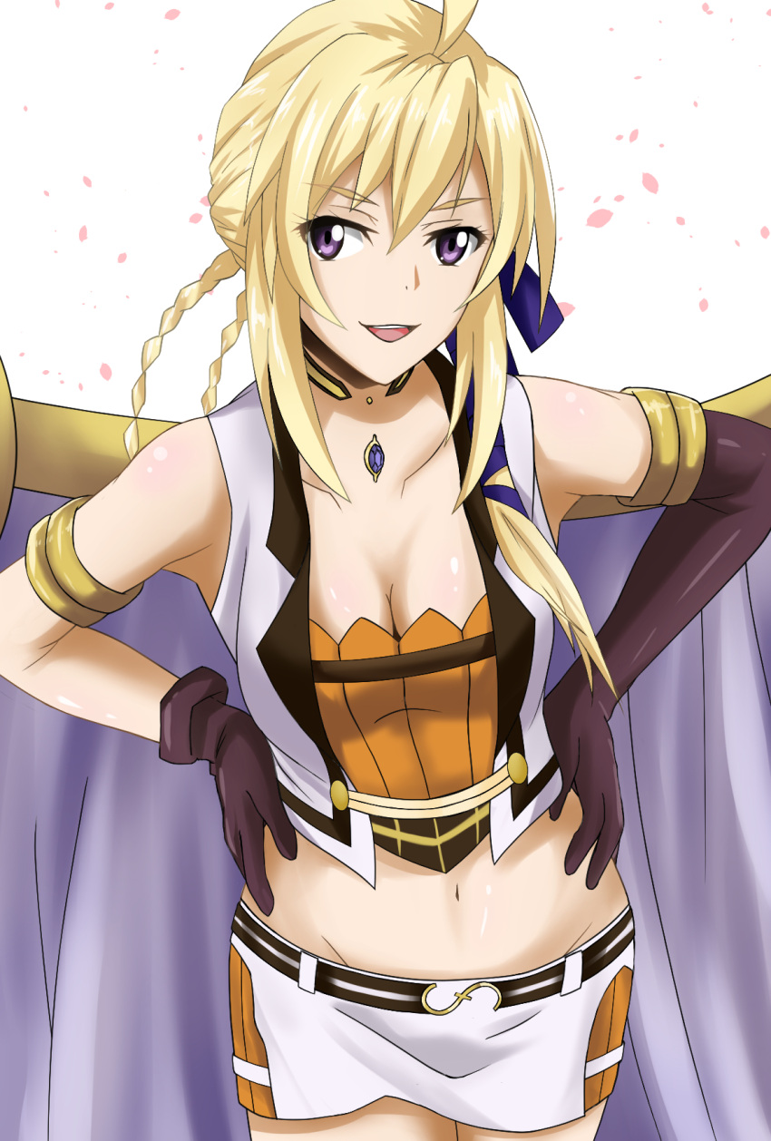 1girl, :d, ahoge, armlet, asymmetrical_gloves, blonde_hair, blue_ribbon, breasts