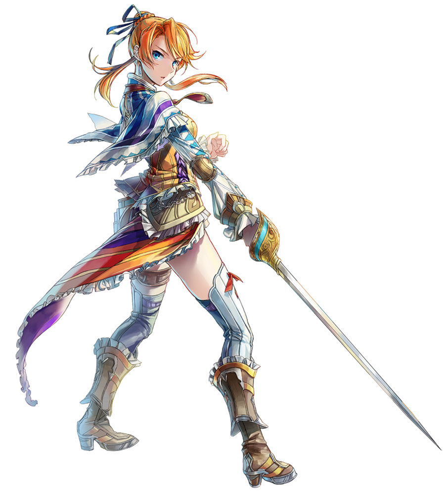 1girl, bangs, blonde_hair, blue_eyes, blue_ribbon, boots, brown_footwear, capelet, floating_hair, frilled, full_body, hair_ribbon, holding, holding_sword, holding_weapon, laxia_(ys), long_hair, looking_at_viewer, official_art, parted_lips, rapier, ribbon, simple_background, solo, stance, standing, sword, thigh_strap, twintails, weapon, white_background, ys, ys_viii_lacrimosa_of_dana