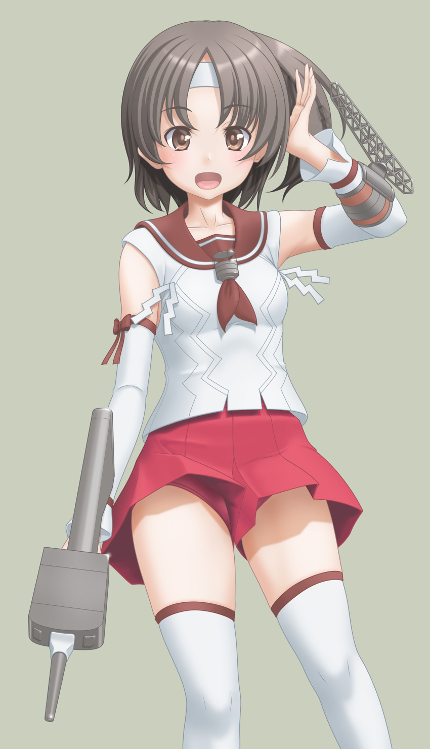 1girl, black_hair, blouse, breasts, brown_eyes, buruma, buruma_under_skirt, cannon