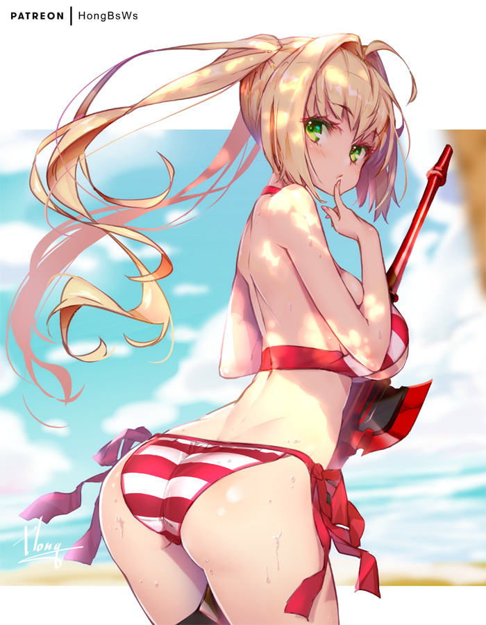 aestus_estus, ahoge, ass, bikini, blonde_hair, blurry, breasts, cowboy_shot