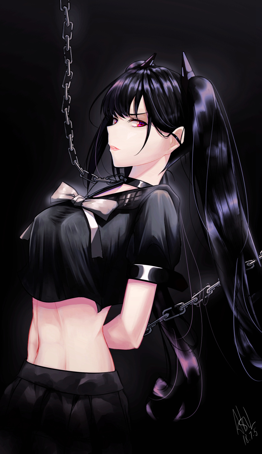 1girl, arms_behind_back, asil, bangs, black_background, black_hair, black_serafuku, black_skirt, bound, bound_arms, bow, breasts, chains, collar, collarbone, dated, girls_frontline, half-closed_eyes, headgear, highres, long_hair, looking_at_viewer, medium_breasts, navel, ouroboros_(girls_frontline), parted_lips, red_eyes, sangvis_ferri, school_uniform, serafuku, sidelocks, signature, simple_background, skirt, solo, tsurime, twintails, very_long_hair