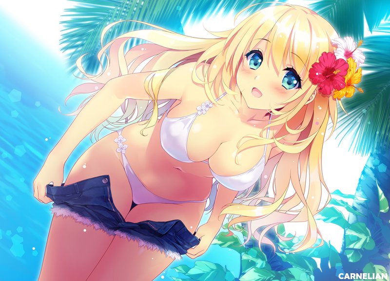 1girl, artist_name, atago_(kantai_collection), beach, bikini, bikini_day, blonde_hair, blush, breasts, carnelian, cleavage, collarbone, denim, denim_shorts, dutch_angle, eyebrows_visible_through_hair, flower, hair_flower, hair_ornament, kantai_collection, large_breasts, leaning_forward, long_hair, looking_at_viewer, navel, open_mouth, outdoors, shorts, shorts_down, solo, sun, swimsuit, tree, upper_body, white_bikini