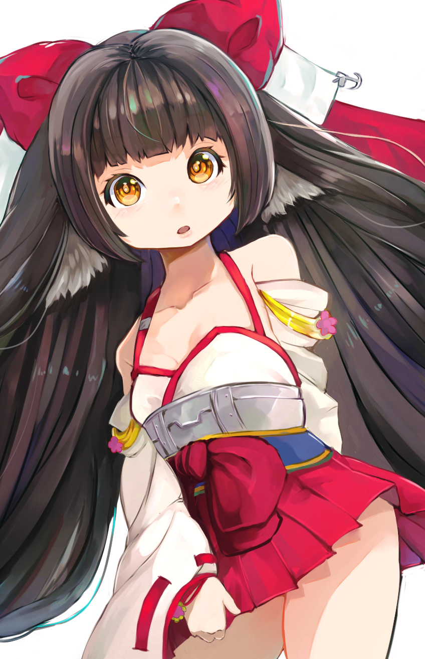 1girl, animal_ears, azur_lane, black_hair, bow, breasts, brown_eyes, cleavage