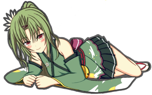 1girl, ahoge, bangs, bell, black_skirt, blush, breasts, clenched_hands, detached_sleeves, flower, flower_knight_girl, green_hair, green_kimono, hair_flower, hair_ornament, japanese_clothes, kimono, long_hair, looking_at_viewer, lowres, lying, mun_(gunma), on_side, parted_bangs, ponytail, sandals, sankaku_saboten_(flower_knight_girl), skirt, small_breasts, smile, white_legwear, wide_sleeves