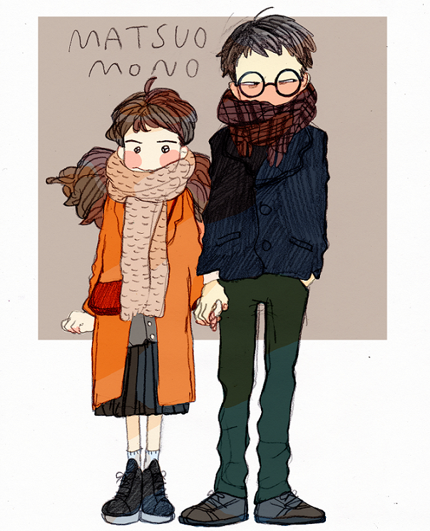 1boy, 1girl, ahoge, arms_at_sides, artist_name, black-framed_eyewear, black_footwear, black_skirt