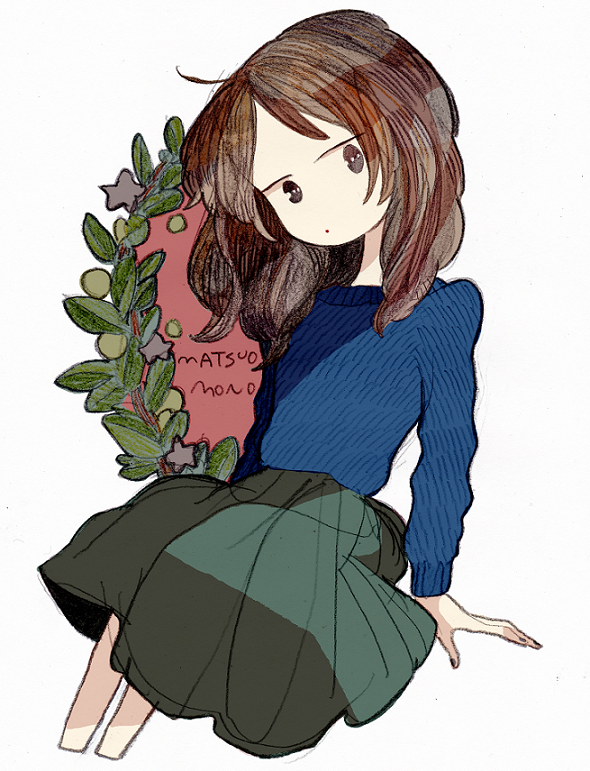 1girl, ahoge, arm_support, artist_name, bangs, black_eyes, blue_shirt, brown_hair, closed_mouth, expressionless, feet_out_of_frame, grey_background, grey_nails, head_tilt, invisible_chair, jitome, long_sleeves, looking_at_viewer, matsuo_mono, medium_hair, nail_polish, no_nose, original, parted_bangs, shirt, sitting, skirt, solo