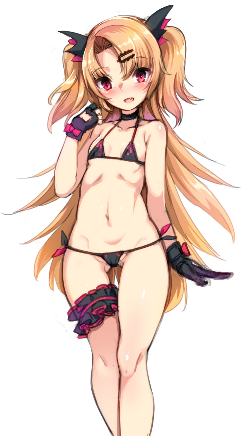 1girl, absurdres, akatsuki_yuni, alternate_costume, bangs, bare_shoulders, bikini, black_bikini, blonde_hair, blush, breasts, cowboy_shot, eyebrows_visible_through_hair, gloves, gluteal_fold, hair_ornament, hairclip, halterneck, harigane_shinshi, highres, long_hair, looking_at_viewer, micro_bikini, multicolored, multicolored_bikini, multicolored_clothes, partly_fingerless_gloves, pink_eyes, side-tie_bikini, sleeveless, small_breasts, smile, solo, swimsuit, thigh_gap, thigh_strap, thighs, two_side_up, uni_channel, very_long_hair, virtual_youtuber